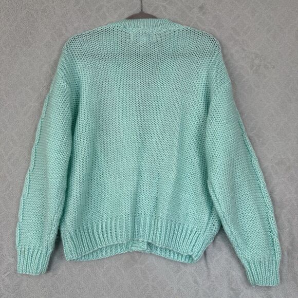 Vtg Hand Knit Cardigan Sweater Womens Medium Pastel Aqua Chunky Grandma 90s 80s - Picture 5 of 11